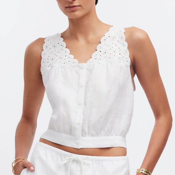 Madewell Embroidered 100% Linen V-Neck Cropped Bubble Top White Size 14/XL NWT - Picture 1 of 7